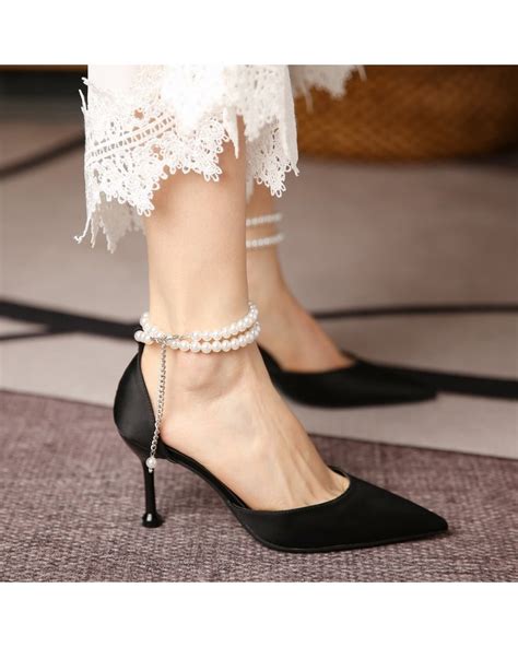 chanel closed toe black shoes with pearls on strap